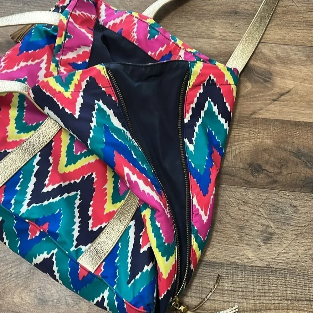Lilly Pulitzer Hearts A Flutter Multi Chevron Shopper Tote Bag Expandable Tassel